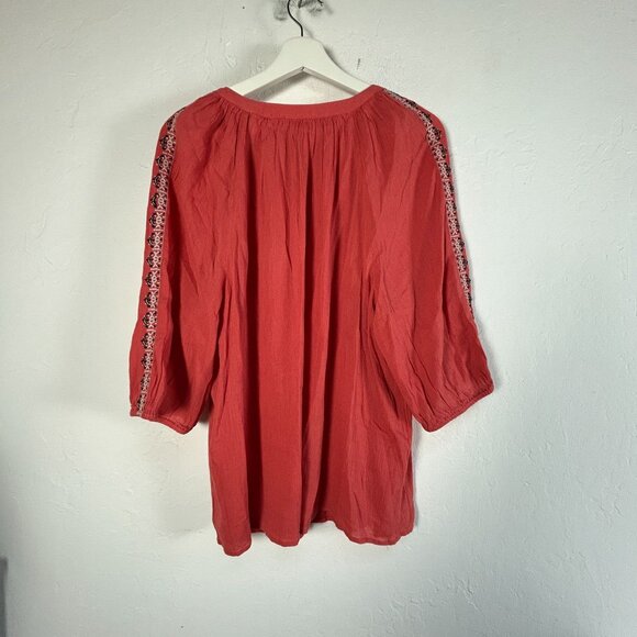J.Jill Womens Boho Embroidered Peasant Top Large Coral 3/4 Sleeve Cotton NWOT - Picture 2 of 8